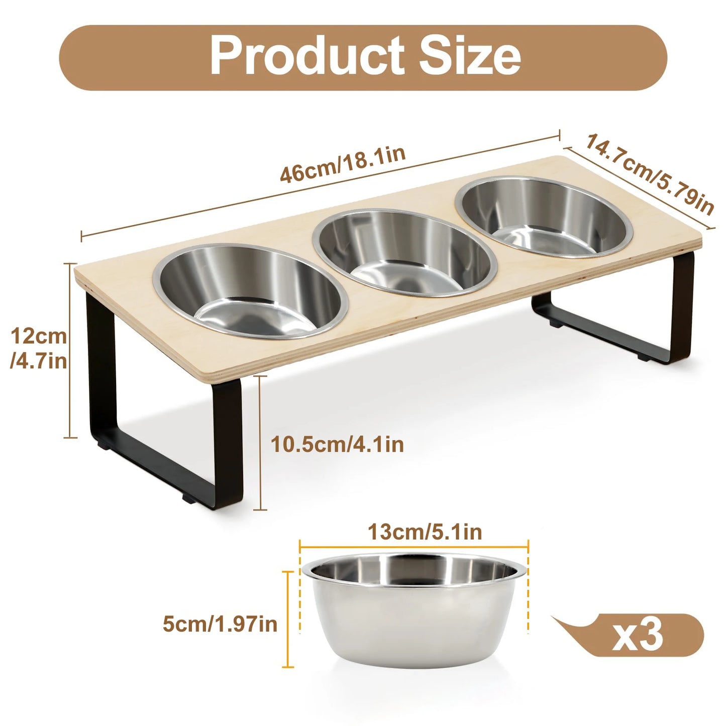 Elevated Cat Feeder – 15° Tilted Raised Stand with 3 Stainless Steel Bowls