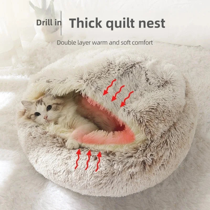 Warm Plush Cat Nest Bed – Semi-Enclosed Winter Comfort Shelter