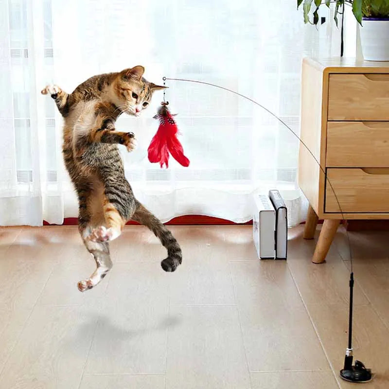 Colorful Feather Cat Teaser Wand with Bell & Suction Base
