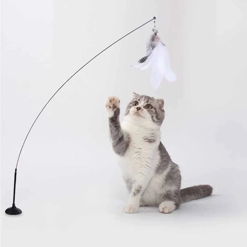 Colorful Feather Cat Teaser Wand with Bell & Suction Base