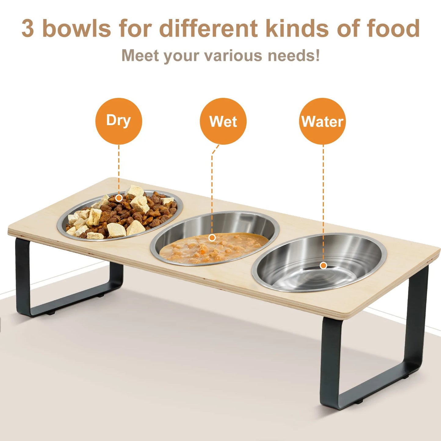 Elevated Cat Feeder – 15° Tilted Raised Stand with 3 Stainless Steel Bowls